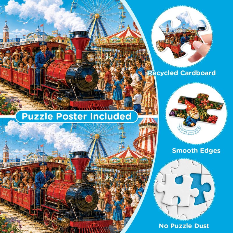 500 Piece Puzzle for Adults, Vintage Train Amusement Park Jigsaw