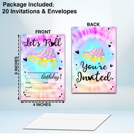 Let's Roll Birthday Party Invitation Cards, Tie Dye Roller Skate Double-Sided Party Invitation For Teens Boys & Girls-Kid's Party Celebration Supplies, 20 Fill-In Invitations With Envelopes-B16