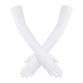 Women Elbow Satin Gloves, 21" White Long Bridal Gloves 1920s Opera Gloves Dance Sunshade Gloves for Woman Evening Party Dresses(White)
