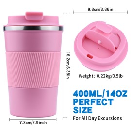 Disoza Coffee Mug 13 Oz Travel Coffee Mug Insulated Coffee Mug Reusable Coffee Cups with Lids Spill Proof Coffee Travel Mug Reusable Stainless Steel Coffee Mug For Hot and Iced Cold Drinks （Pink）
