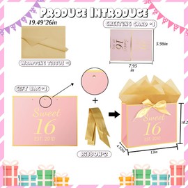 Eaureum Sweet 16 Birthday Gift Bag for Girls, 13" Pink Gold 16th Birthday Gift Bag Party Decorations for 16 years old Girls Daughter Granddaughter Friends