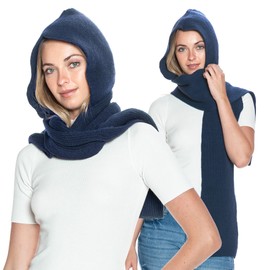 BASICO 5 Colors Knitted Hooded Scarf for Women Men Winter Balaclava - Cream White, Caramel, Light Grey, Heather Greay, Black (Long - Navy)