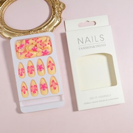 Almond Shaped Press on Nails Summer Medium False Nails with 3D Red Flower Design Yellow Fake Nails Glossy Full Cover Glue on Nails Acrylic Nails Stick on Nails for Women Nail Decorations 24 Pcs