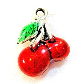 10-Pcs. Silver Enamel Cherry Charms Pendants Earring Drops Findings GF20A - Jewelry Making DIY Crafting Charm Beads for Bracelets