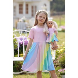 Bow Dream Girl Dresses and Matching American Girl Doll Clothes Accessories for Girls Dresses Set Rainbow Size 120