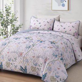 WONGS BEDDING Quilt Set King Size,Blue Floral Printed Bedspread,3 Pieces Botanical Coverlet for King Bed, Soft Microfiber Lightweight Bedding Set for All Seasons (110"x90")
