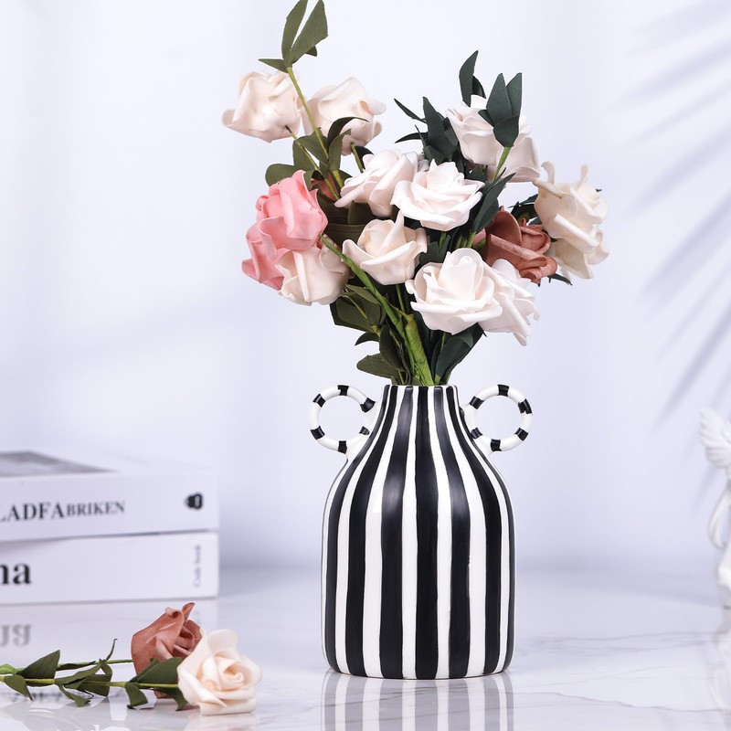 oliruim Black and White Striped Ceramic Vase with Double Ring