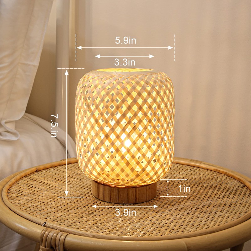 LUSHARBOR Rattan Lamp, Cordless Boho Lamp Battery Operated, Table Lamp