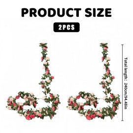 Toumett 2 Pack Artificial Rose Flower Garland Fake Rose,2.4m Artificial Flower Vine Hanging Rose Garlands,45 Simulated Roses,for Outdoor Indoor Wedding Wall Badroom Party Garden Craft Art Decoration