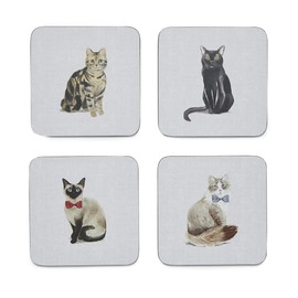 Cooksmart Pack of 4 Drink Coasters | British Designed Eco Cork Drinks Coasters For Modern Homes | Coasters For Drinks For All Types of Cups & Mugs - Curious Cats