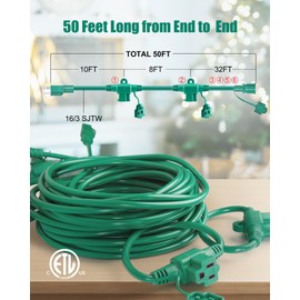 Outdoor Extension Cord Multiple Outlet, 50 Ft Christmas Light Extension Cord Evenly Spaced 6 Outlets Plugs with Safety Cover, 16/3 SJTW Green Extension Cord Outdoor Waterproof