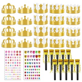 Golden Paper Crowns Set, Golden Paper Crowns for Children, Pack of 20 Birthday Crowns for Young People, Party Hats for Birthday Parties, Crown Craft Set with Glitter Stones for DIY