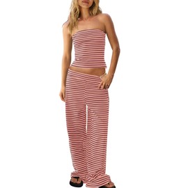 Panadila Womens Striped Two Piece Sets Summer Lounge Outfits Sailor Tube Top and Pants Matching Set Beach Vacation Travel Y2k (Dusty Pink Combo,M)