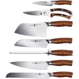 TUO Cutlery Fiery Series 8pc Knives Set with Wooden Block, Honing Steel & Shears