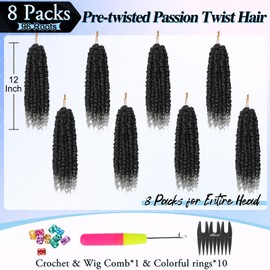 BARSDAR Passion Twist Braiding Hair, 12 Inch 8 Packs Passion Twist Crochet Hair Short Curly Pre Looped Crochet Hair Ombre Grey Pre-Twisted Synthetic Braiding Hair Extensions for Women T1B/Grey