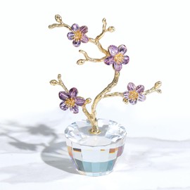 Movdyka Crystal Purple Cherry Blossom Figurines Golden Stem Flower Gifts for Women Mum, Floral Keepsake Ornaments for Living Room Christmas Birthday Present for Her