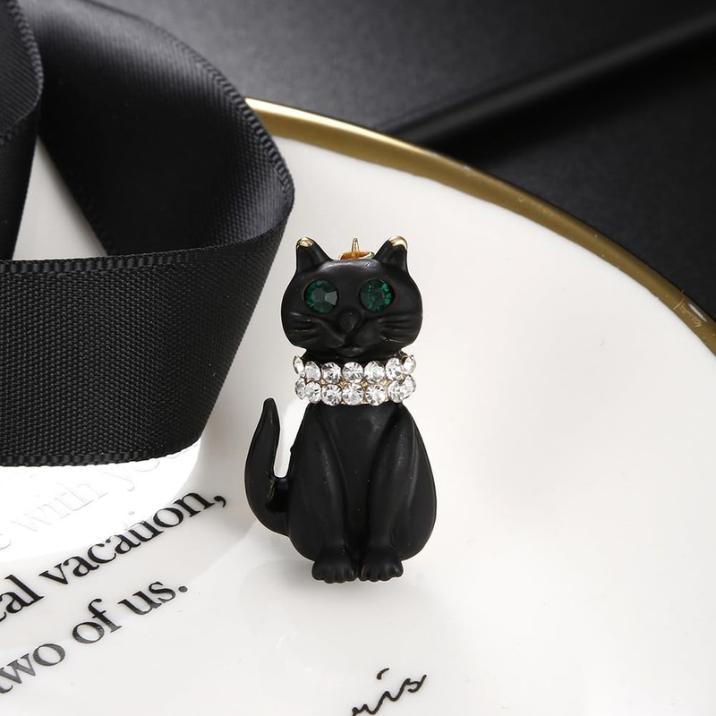 Cute Black Cat Brooch Rhinestone Cat Animal Brooch Pin for