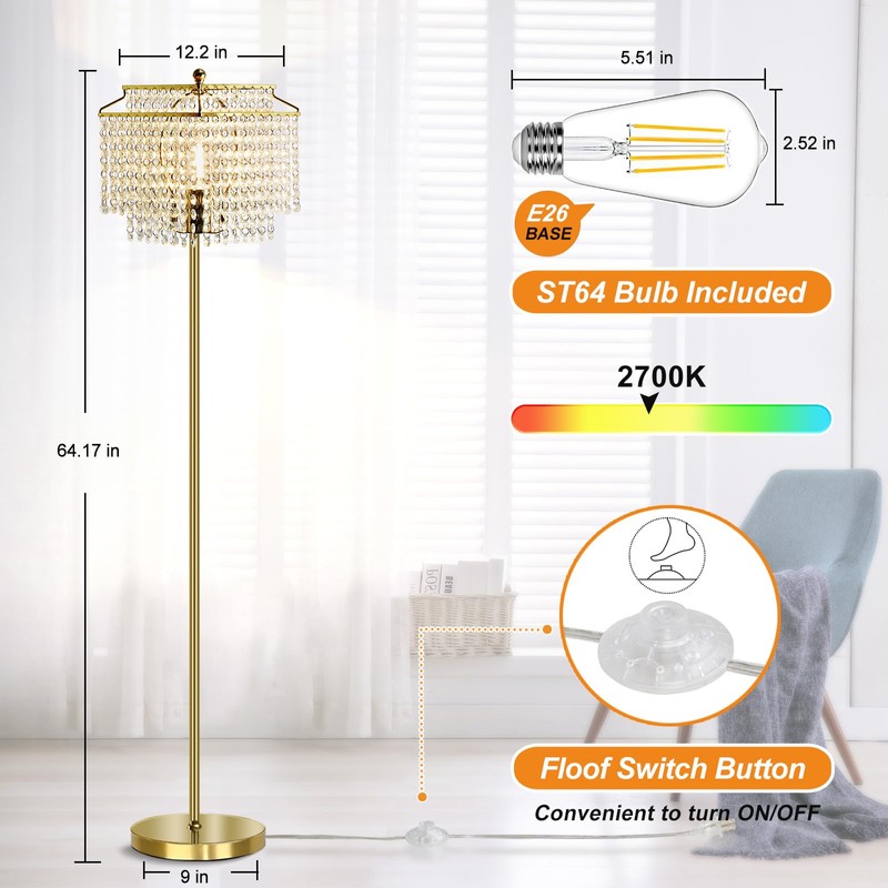 Luvkczc Gold Crystal Floor Lamp, 64" Tall Elegant Standing Lamp