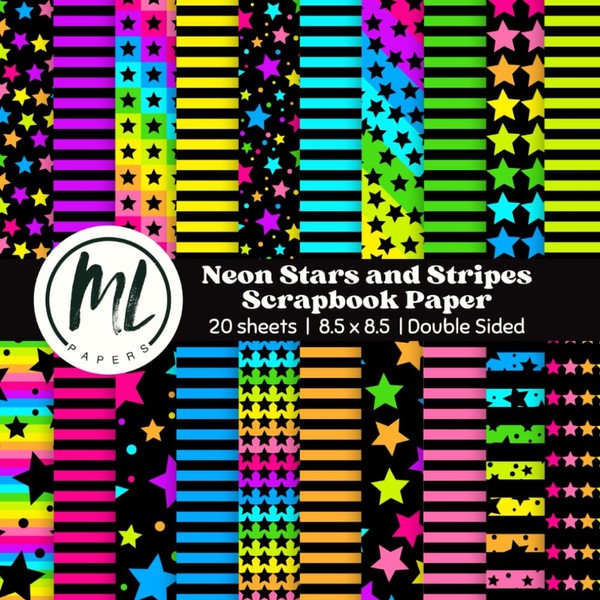 Neon Stars and Stripes Scrapbook Paper: Bright Collage Papers, Neon