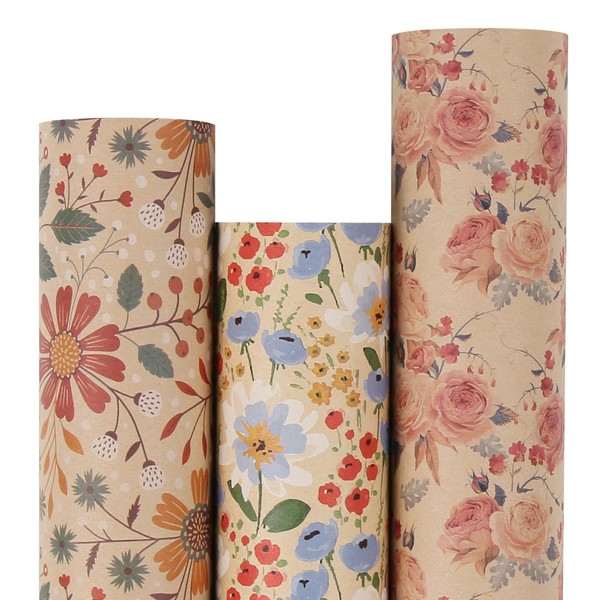 Aimyoo - Paquete de papel de regalo de flores de primavera clásico, papel de regalo para boda, despedida de soltera, cumpleaños, 3 rollos de 17 x 10 pies por rollo