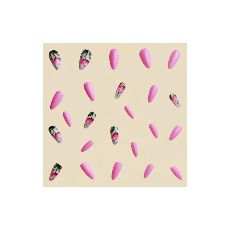 Uñas postizas cortas con forma de almendra y flores de