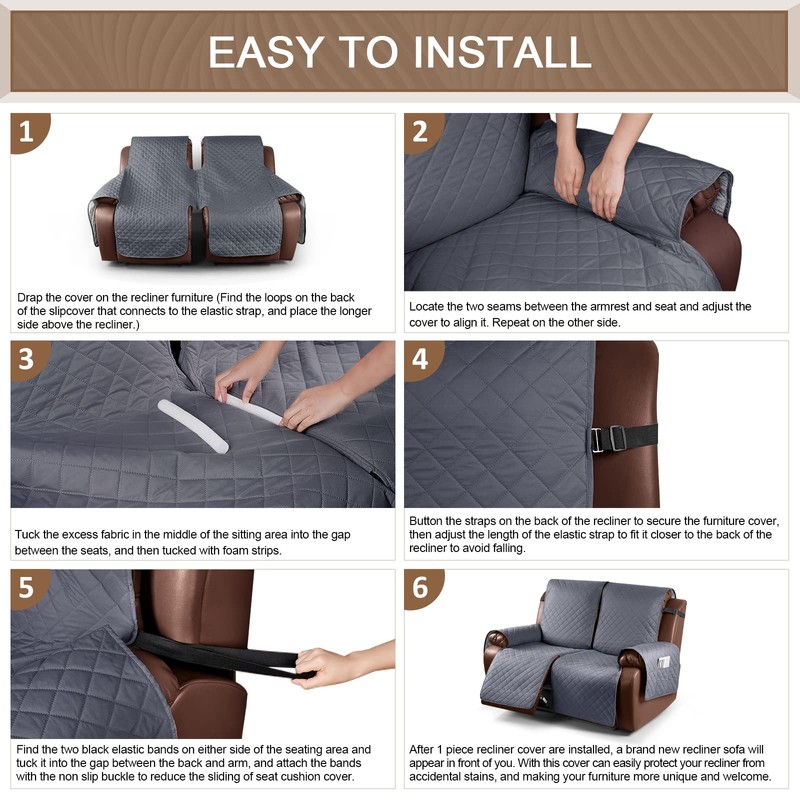KinCam Waterproof Oversized Loveseat Recliner Cover, Non-Slip Reclining Couch Covers