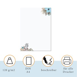 Presentou PRESENTOU Briefpapier bedruckt 120 Gramm Papier | Motivpapier Urkundenpapier Urkunde Speisekarte Liebesbrief (Blumen & Braun, 50 Bögen)