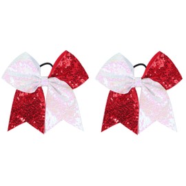 ZOONAI 2Pcs Women Teen Girls Large Sequins Hair Bows Elastic Big Hair Bow Hair Accessories Ponytail Holder Hair Tie (Red White)