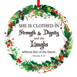 D4DREAM Religious Christmas Ornaments She is Clothed in Strength and Dignity Christian Ornaments for Christmas Tree Bible Verse Keepsake Hanging Ornaments Christmas Tree Decor Gifts for Women Friends