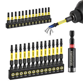 GEINXURN 26-Piece Torx Screwdriver Bit with 1-Piece 60 mm Magnetic Bit Holder, T20 Impact Resistant Screwdriver Bit Set 25 mm 50 mm Length, 1/4 Inch Hex Shank S2 Alloy Steel, Colour-Coded Base