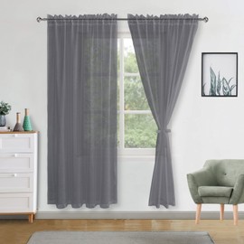 DWCN Dark Grey Sheer Curtains with Tiebacks Semi Transparent Voile Rod Pocket Curtains Elegant Window Curtains for Bedroom and Living Room,2 Panels,56" W x 81" Drop