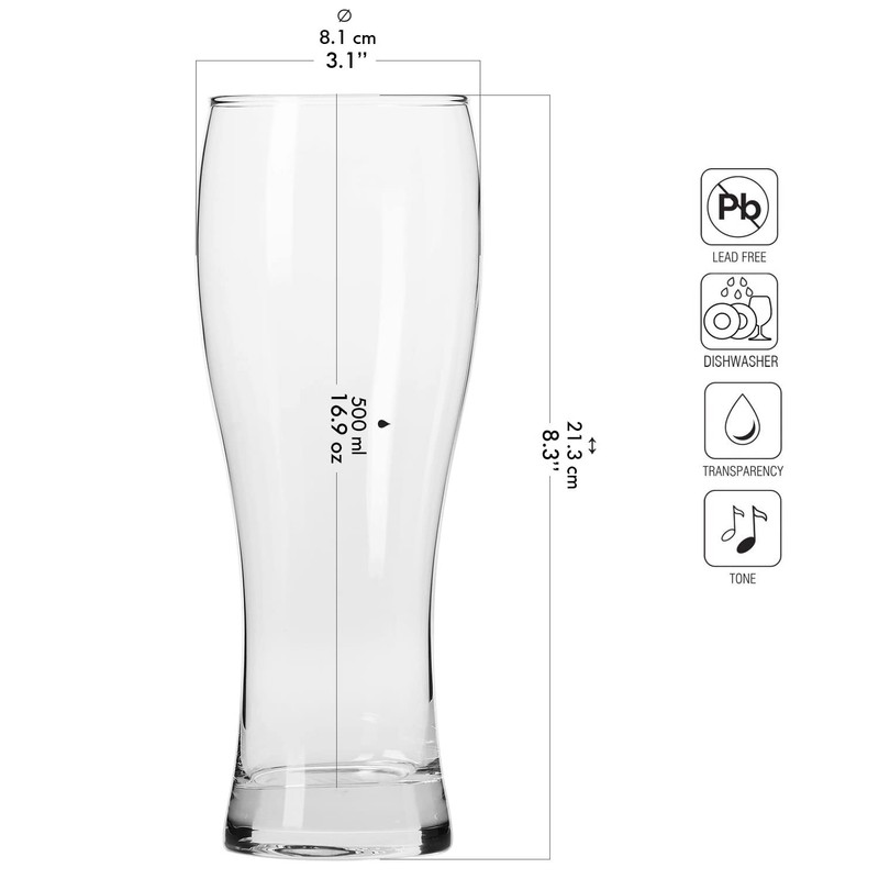 Krosno Tall Beer Pint Glasses, Set of 6, 16.9 oz,