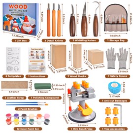 Wood Carving Tools Kit - 40pcs Whittling Kit with Mini Bench Vise, 6pcs Knives, 7pcs Blocks, 12 Colors of Paint, 6 Template, Gloves, Manual, Complete Woodworking Set for Beginners, Whittling Gifts