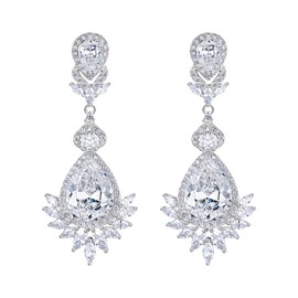 EVER FAITH Cubic Zirconia Bridal Art Deco Tear Drop Pierced Dangle Earrings Clear Silver -Tone