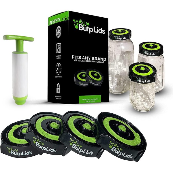 Burp Lids Curing Kit - Fits All Wide Mouth Mason Jar Containers - Home Harvesting Essentials Includes 4 Lids with Extraction Pump - Vacuum Sealed for successful Cure