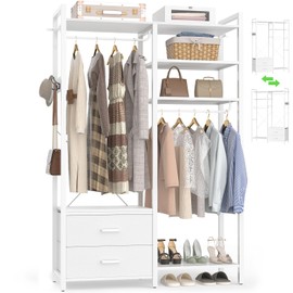 78.7'' Clothes Rack for Hanging Clothes - Reversible Clothing Rack with 2 Drawers, Heavy Duty Garment Racks with Shelves, 6 Tiers Freestanding Portable Closet Wardrobe System with Hanging Hooks, White