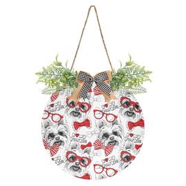 Yorkshire Terrier With Red Ties And Sunglasses Seamless Door Hanging Sign, 12" Merry Christmas Front Plaque Board Round Wreath for Daily Holiday Welcome Home Garden Yard Wall Pediments