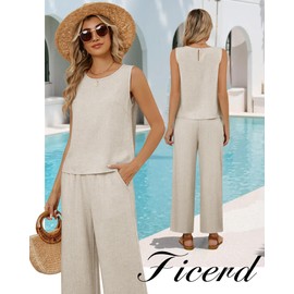Ficerd Women 2 Piece Summer Outfits Linen beach Set Round Neck Sleeveless Crop Tank Tops Elastic High Waist Cropped Pants(Linen,XX-Large)