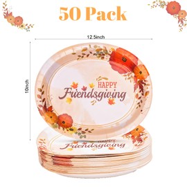 GFInYHM 50 Pack Friendsgiving Oval Paper Plates, Disposable Heavy Duty Serving Plates, Happy Friendsgiving Party Decorations