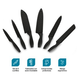 CASA LITUS Cuchillos de Cocina con Funda (6 Piezas), Fabricados en Acero Inoxidable. Incluyen: Cuchillo Cocinero, Cuchillo para Pan, Santoku, Cuchillo para Picar, Cuchillo Multiusos y Cuchillo Pelador