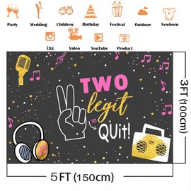 Avezano Two Legit to Quit Birthday Backdrop Hip Hop Two Birthday Party Decoration Girls 2nd Birthday Party Dessert Table Banner (5x3ft)