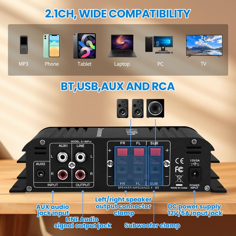 2.1 Channel Stereo Audio Amplifier,300Wx2+360W Home Audio Bluetooth 5.0 Stereo