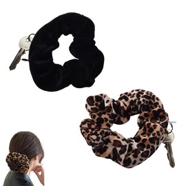 Black Leopard Scrunchie with Zipper Pocket Scrunchies Hair Tie for Women Large Scrunchy Hair Tie with Hidden Zipper Scrunchie Hair Ties Ponytail Holders for Women Elastic Stash Scrunchies 2Pcs