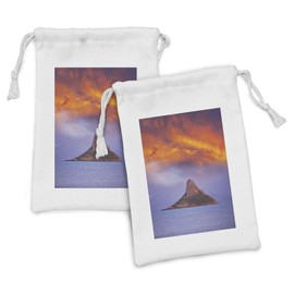 Lunarable Hawaiian Fabric Pouch Set of 2, Hawaii Deserted Island Ocean with Mountain Trees Cloudy Photography Print, Small Drawstring Bag for Toiletries Masks and Favors, 9" x 6", Marigold Lavender
