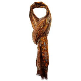 TigerTie Designer Scarf in Orange Brown Grey Turquoise Black Beige Patterned Size 180 x 50 cm, Orange, brown, grey, turquoise, black, beige