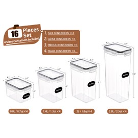 PRAKI Airtight Food Storage Containers Set, 16 Pcs BPA Free Plastic Dry Food Canisters for Kitchen Pantry Organization and Storage Ideal for Cereal, Flour & Sugar - Labels, Marker(Black)