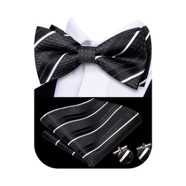 Hi-Tie Pre-Tied Bowties for Men Silk Bow Ties and Pocket Square Cufflinks Set Mens Wedding Party Formal,Black White