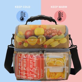 FlowFly Double Layer Cooler Insulated Lunch Bag Adult Lunch Box Large Tote Bag for Men, Women, With Adjustable Strap,Front Pocket and Dual Large Mesh Side Pockets,Brown