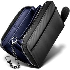 GRACE Men's Coin Purse, Wallet with Key Chain, Genuine Leather, Cowhide Leather, Carbon Leather, Coin Case, Card Case, Large Capacity, Round Zipper, Small, Grace, navy