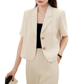 billevan Tailored Jacket, Women's, Outerwear, Short Sleeve, Spring and Summer, Suit, Outerwear, Business, Work, Formal, Casual, Adult, Simple, Elegant, beige, L